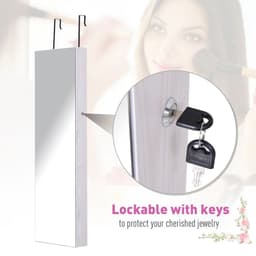 image-Hanging Mirrored Jewel Storage Cabinet Organiser Lockable w/6 LED White