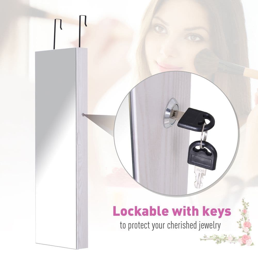 image-Hanging Mirrored Jewel Storage Cabinet Organiser Lockable w/6 LED White
