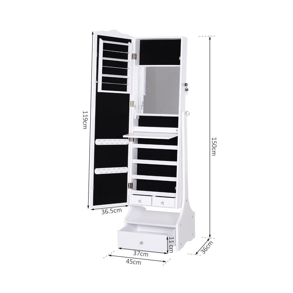 image-Mirrored Jewelry Cabinet Armoire Floor Standing Lock, LED Light White