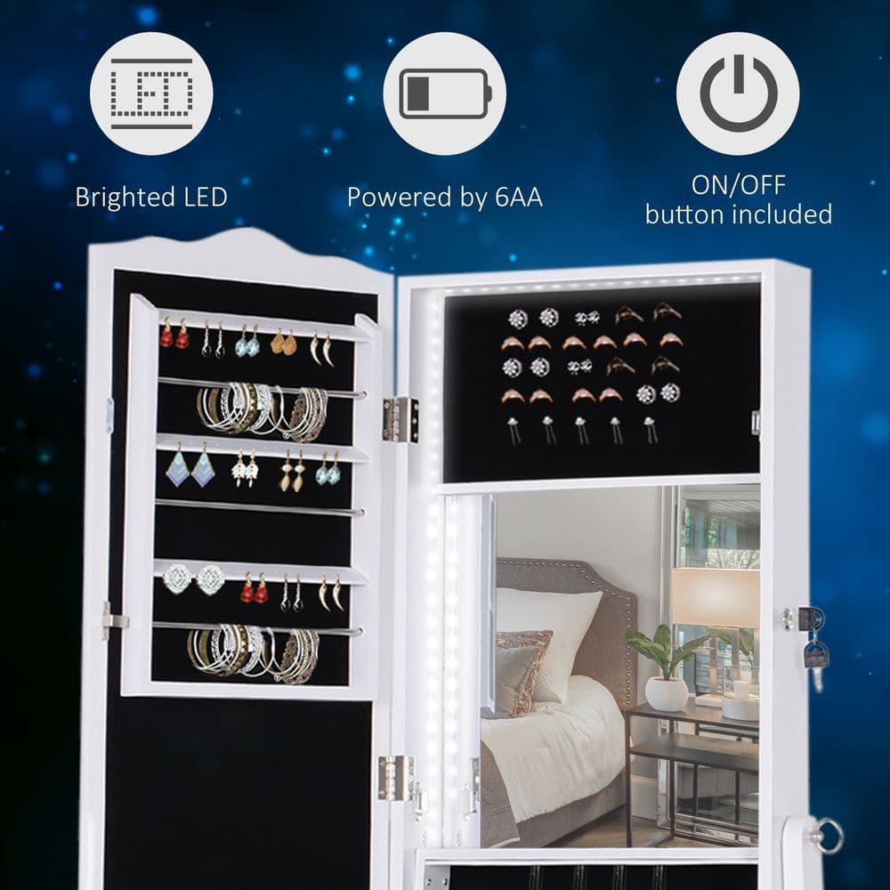 image-Mirrored Jewelry Cabinet Armoire Floor Standing Lock, LED Light White