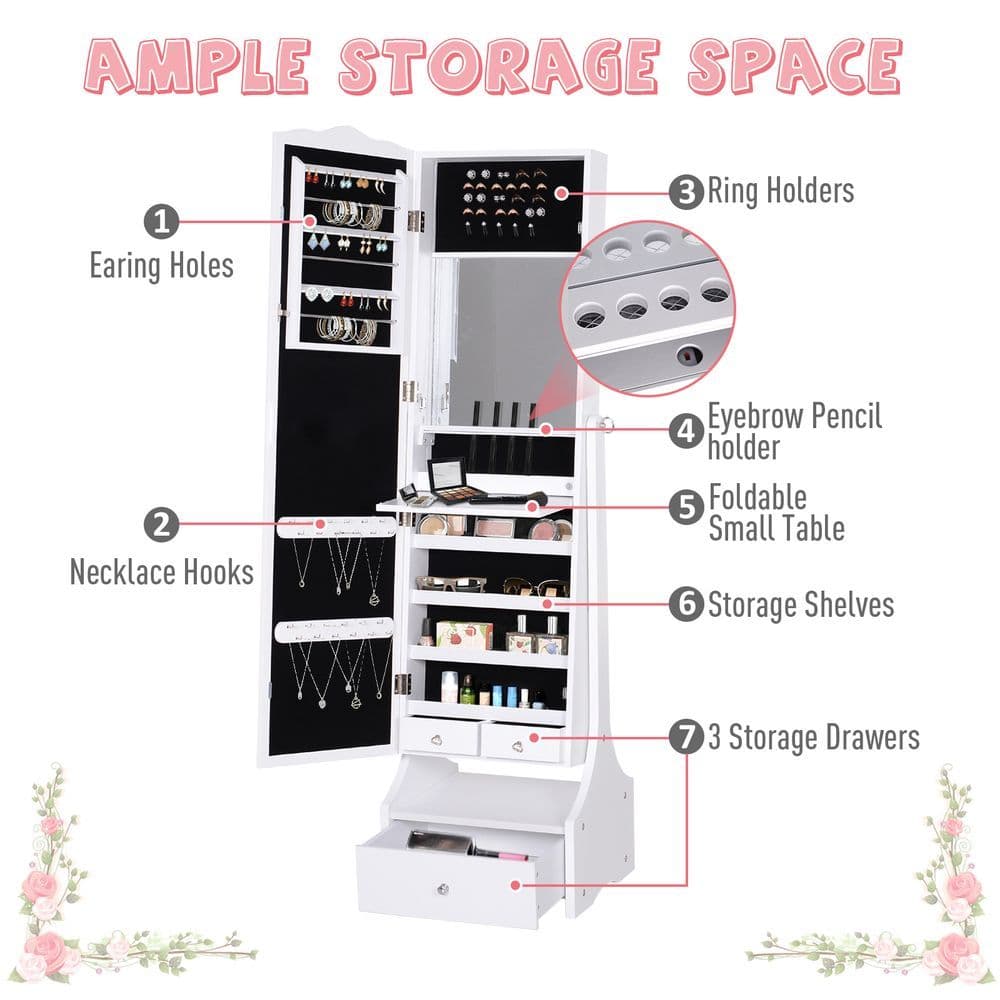 image-Mirrored Jewelry Cabinet Armoire Floor Standing Lock, LED Light White