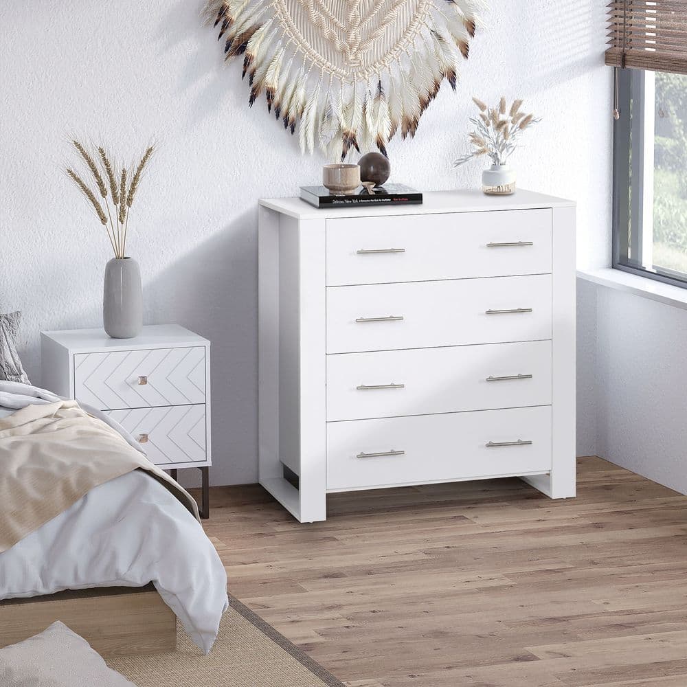 image-Chest Of 4 Drawers Home Storage Clothes Cabinet Metal Handles White