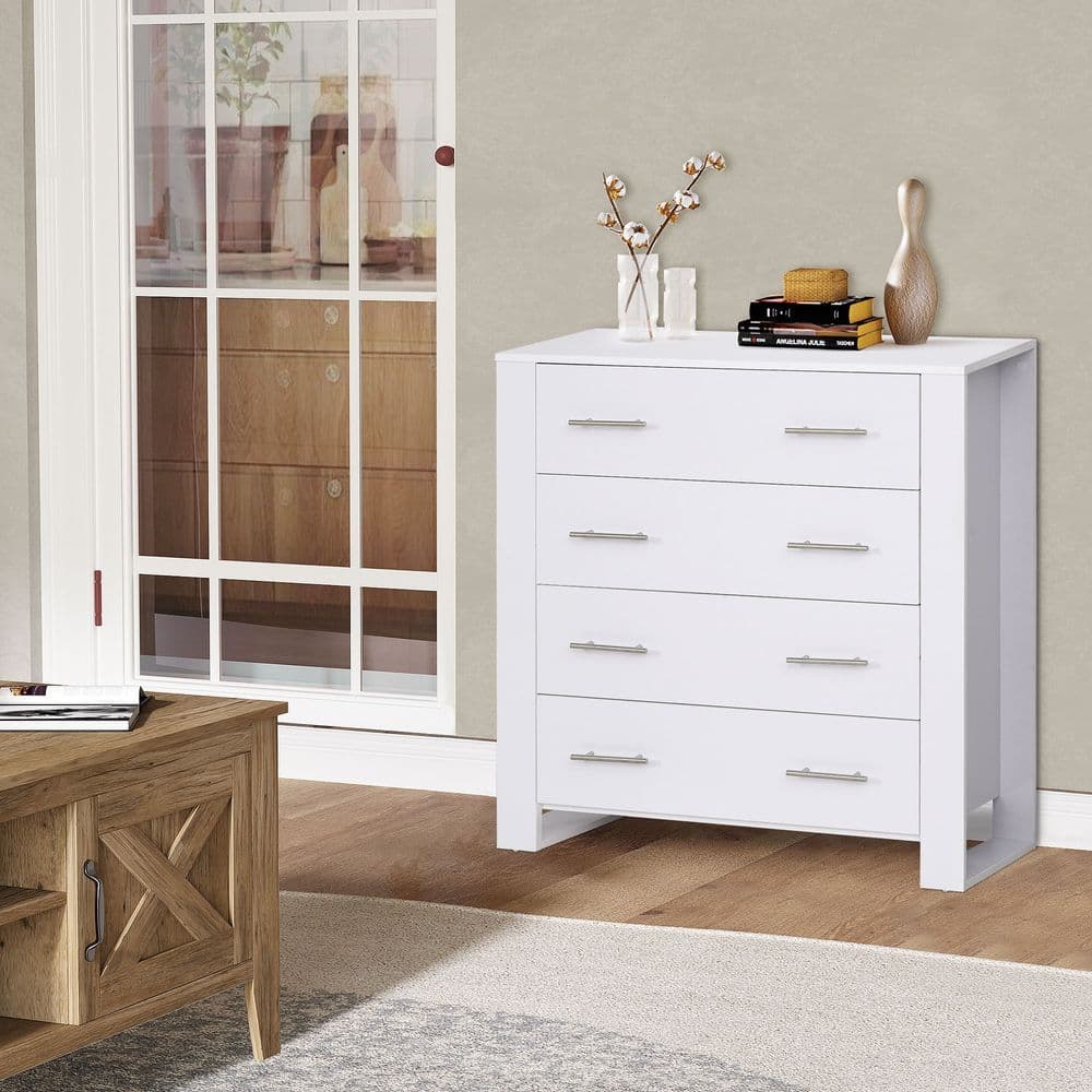 image-Chest Of 4 Drawers Home Storage Clothes Cabinet Metal Handles White