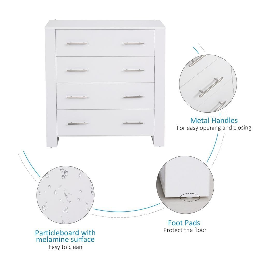 image-Chest Of 4 Drawers Home Storage Clothes Cabinet Metal Handles White