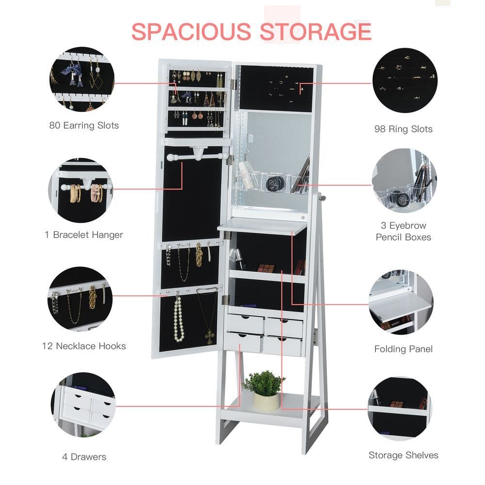 image-Freestanding Jewellery Storage Armoire 2 Mirrors Drawers Hooks Lights