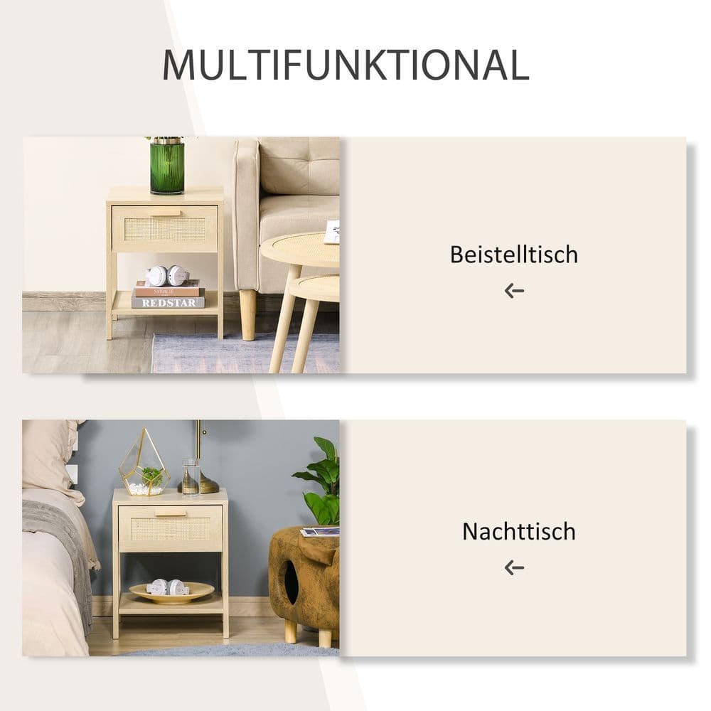 image-Bedside Table Nightstand W/ Rattan Drawer Storage Shelf Bedroom Living Room
