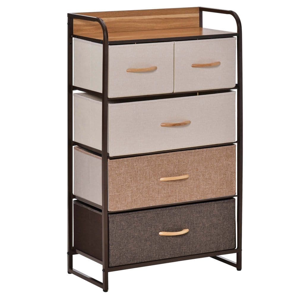 image-HOMCOM Closet Dresser, Dresser Tower With 5 Linen Fabric Drawers Steel Frame