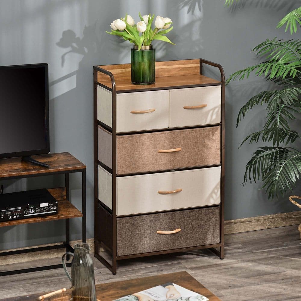 image-HOMCOM Closet Dresser, Dresser Tower With 5 Linen Fabric Drawers Steel Frame