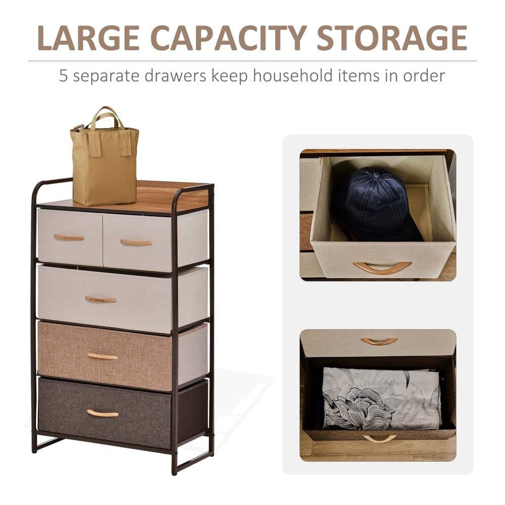 image-HOMCOM Closet Dresser, Dresser Tower With 5 Linen Fabric Drawers Steel Frame