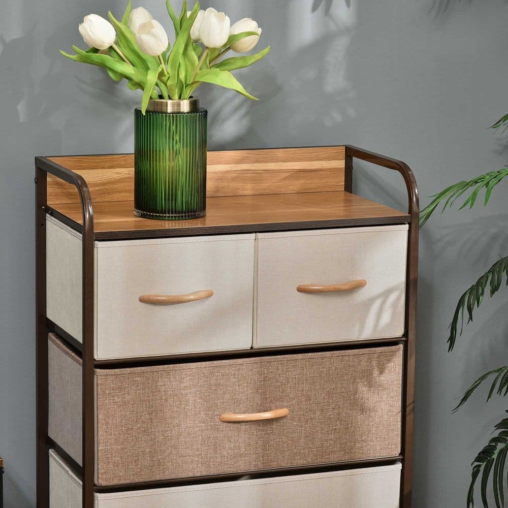 image-HOMCOM Closet Dresser, Dresser Tower With 5 Linen Fabric Drawers Steel Frame