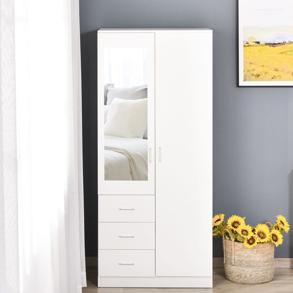 image-2-Door Wardrobe w/ Adjustable Shelf 3 Drawers for Bedroom, 180cm, White