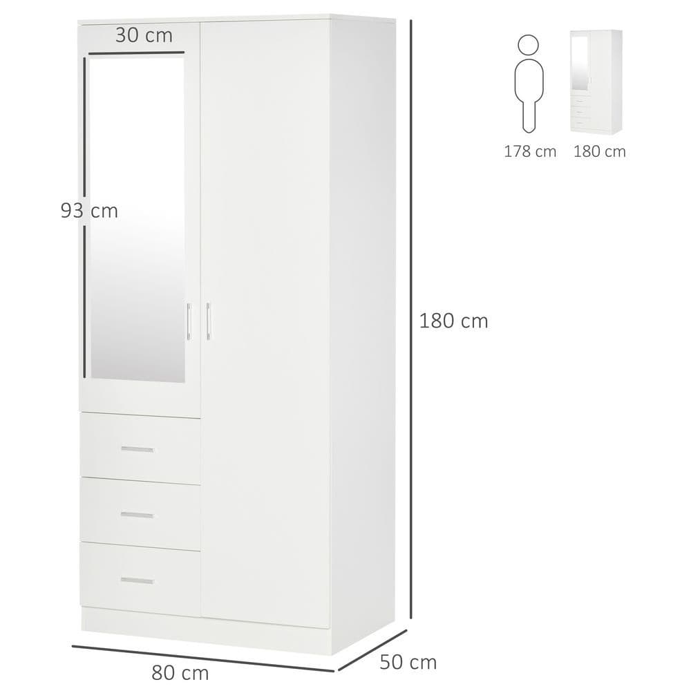 image-2-Door Wardrobe w/ Adjustable Shelf 3 Drawers for Bedroom, 180cm, White