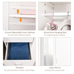image-2-Door Wardrobe w/ Adjustable Shelf 3 Drawers for Bedroom, 180cm, White