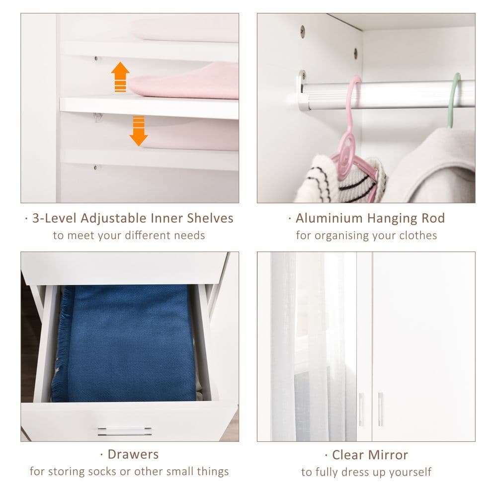 image-2-Door Wardrobe w/ Adjustable Shelf 3 Drawers for Bedroom, 180cm, White