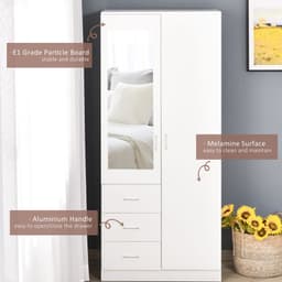 image-2-Door Wardrobe w/ Adjustable Shelf 3 Drawers for Bedroom, 180cm, White