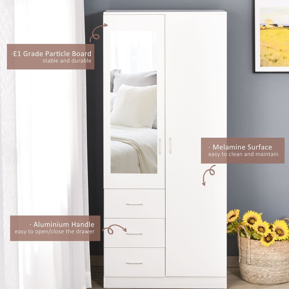 image-2-Door Wardrobe w/ Adjustable Shelf 3 Drawers for Bedroom, 180cm, White