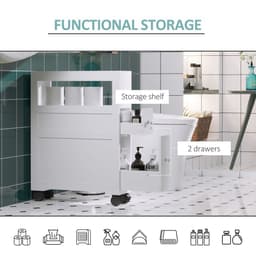 image-HOMCOM 72x16cm Narrow Bathroom Storage Unit 2 Drawers Open Top 4 Wheels