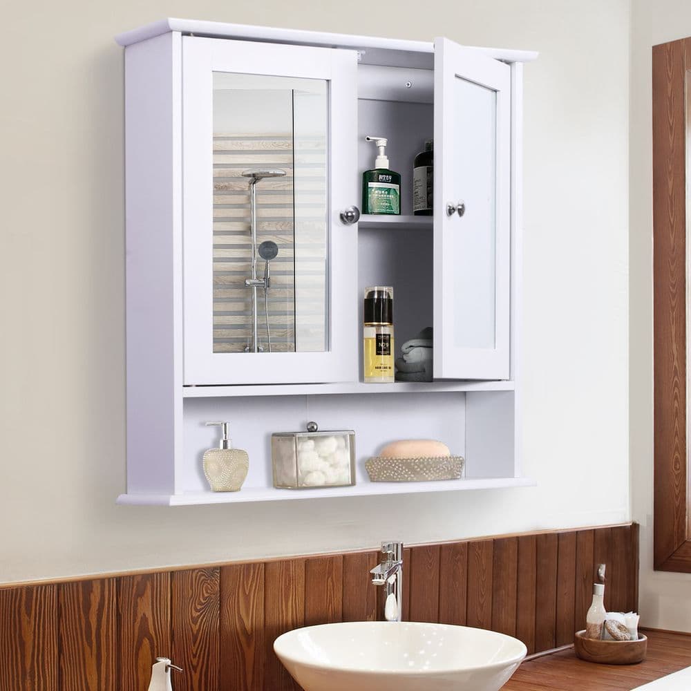 image-kleankin Wall-mounted Cabinet Mirror Door Bathroom Organiser Living Room White