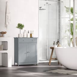 image-kleankin Bathroom Floor Storage Cabinet w/ 2 Drawers Door Cupboard Grey