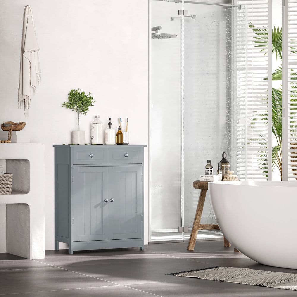 image-kleankin Bathroom Floor Storage Cabinet w/ 2 Drawers Door Cupboard Grey