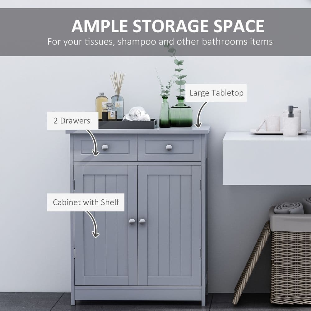 image-kleankin Bathroom Floor Storage Cabinet w/ 2 Drawers Door Cupboard Grey