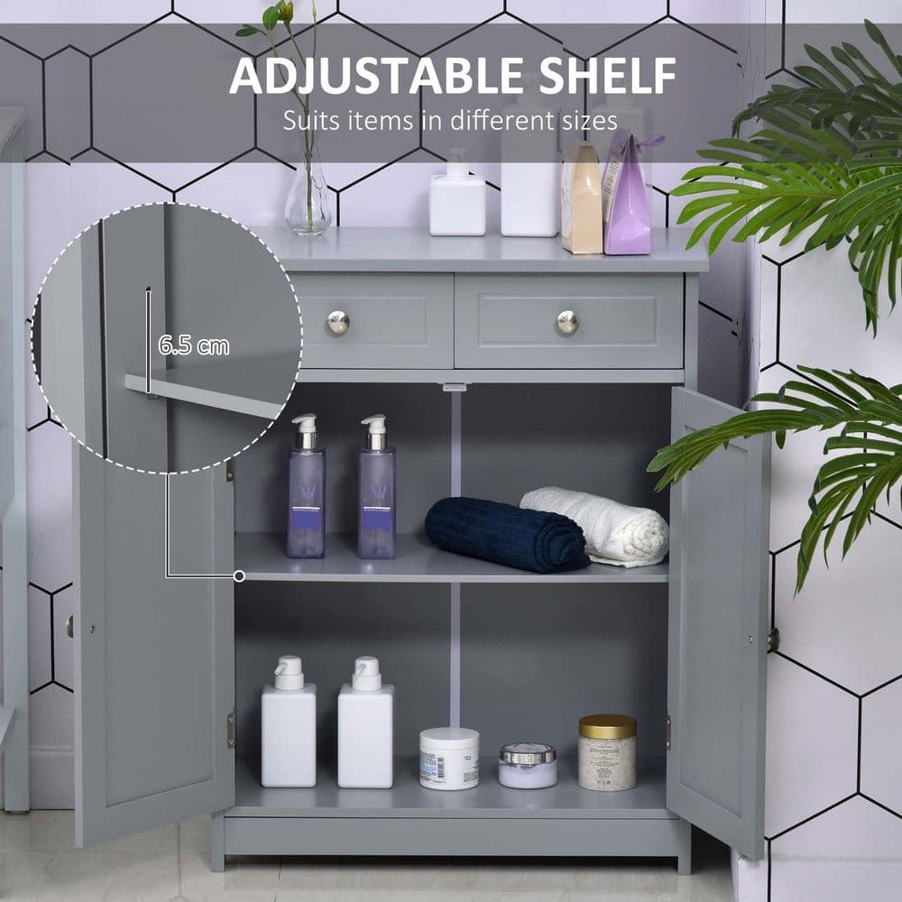 image-kleankin Bathroom Floor Storage Cabinet w/ 2 Drawers Door Cupboard Grey