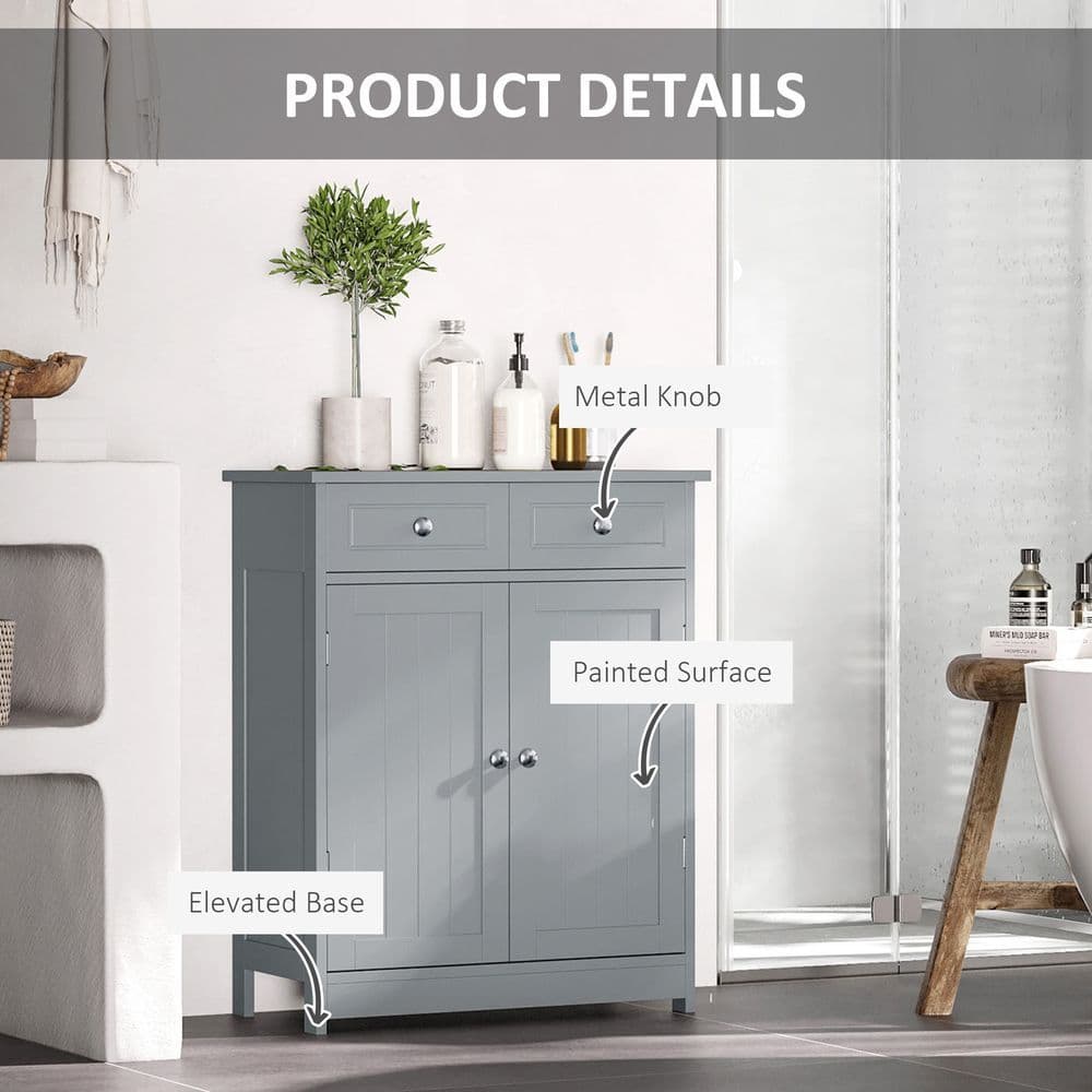 image-kleankin Bathroom Floor Storage Cabinet w/ 2 Drawers Door Cupboard Grey