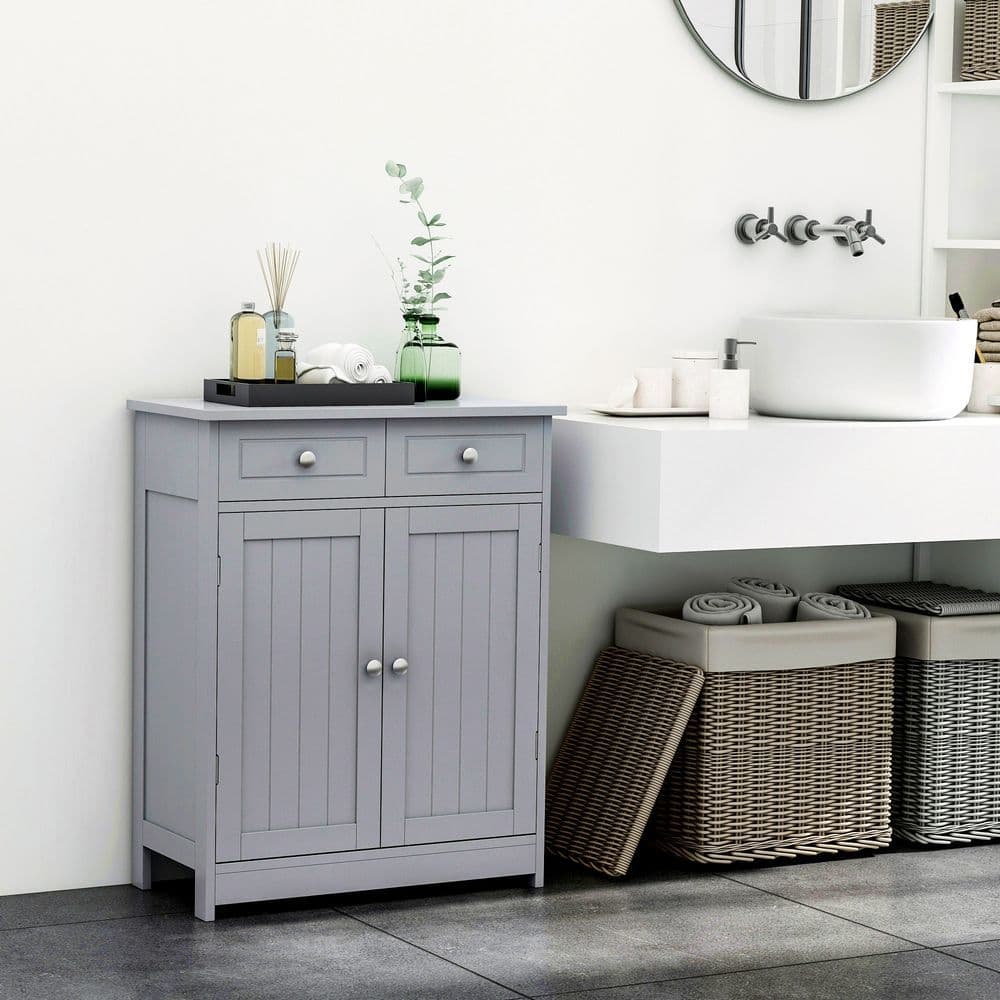 image-kleankin Bathroom Floor Storage Cabinet w/ 2 Drawers Door Cupboard Grey
