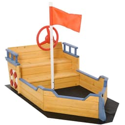 image-Kids Wooden Sandbox Pirate Ship Sandboat w/ Bench Seat Storage Space