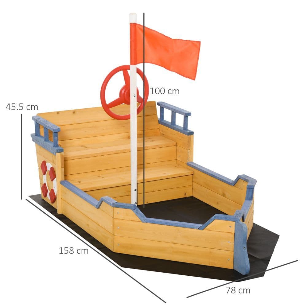 image-Kids Wooden Sandbox Pirate Ship Sandboat w/ Bench Seat Storage Space