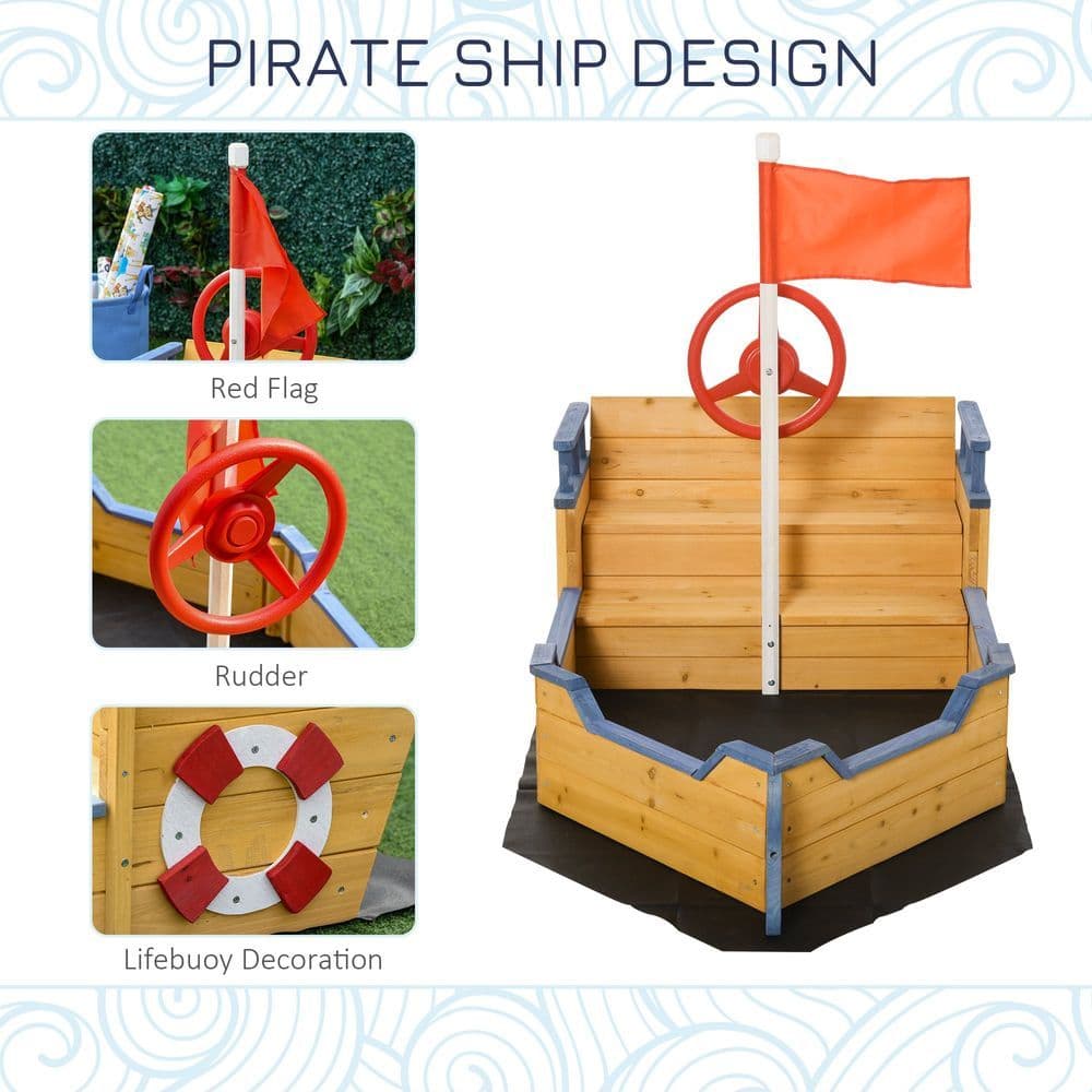 image-Kids Wooden Sandbox Pirate Ship Sandboat w/ Bench Seat Storage Space
