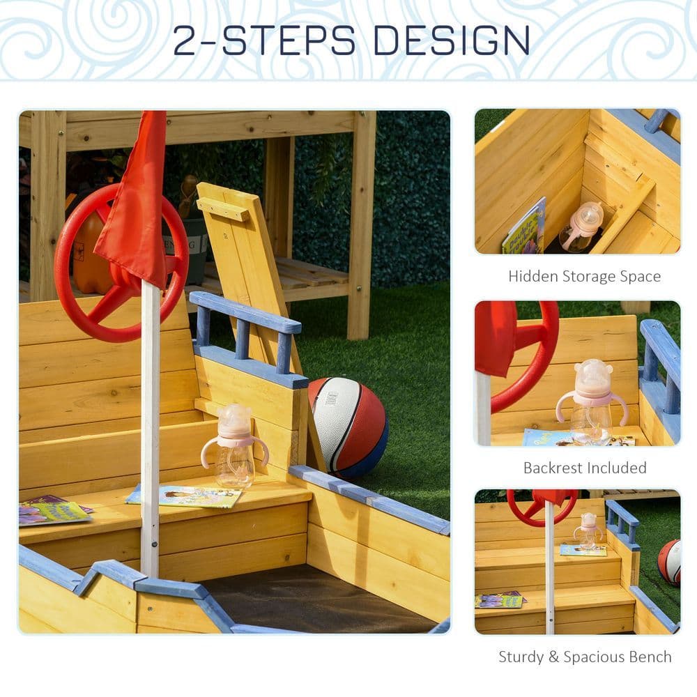 image-Kids Wooden Sandbox Pirate Ship Sandboat w/ Bench Seat Storage Space