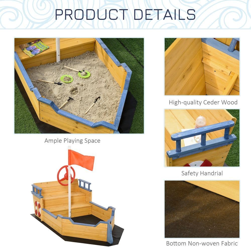 image-Kids Wooden Sandbox Pirate Ship Sandboat w/ Bench Seat Storage Space