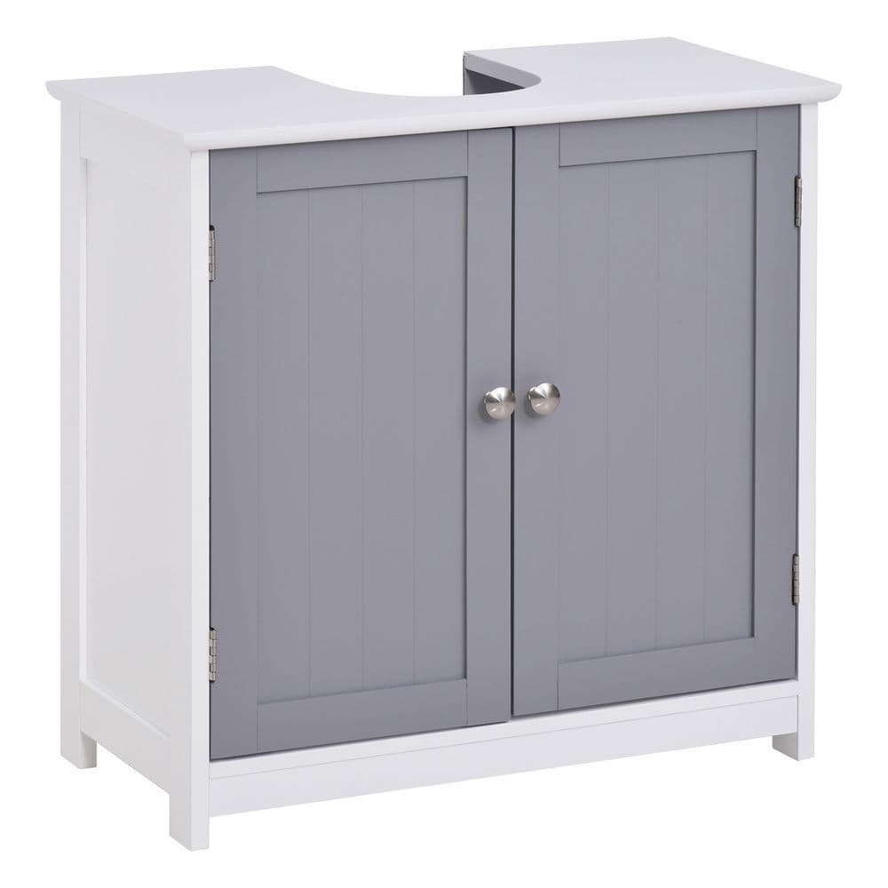 image-kleankin 60x60cm Under-Sink Storage Cabinet w/ Adjustable Shelf Grey White