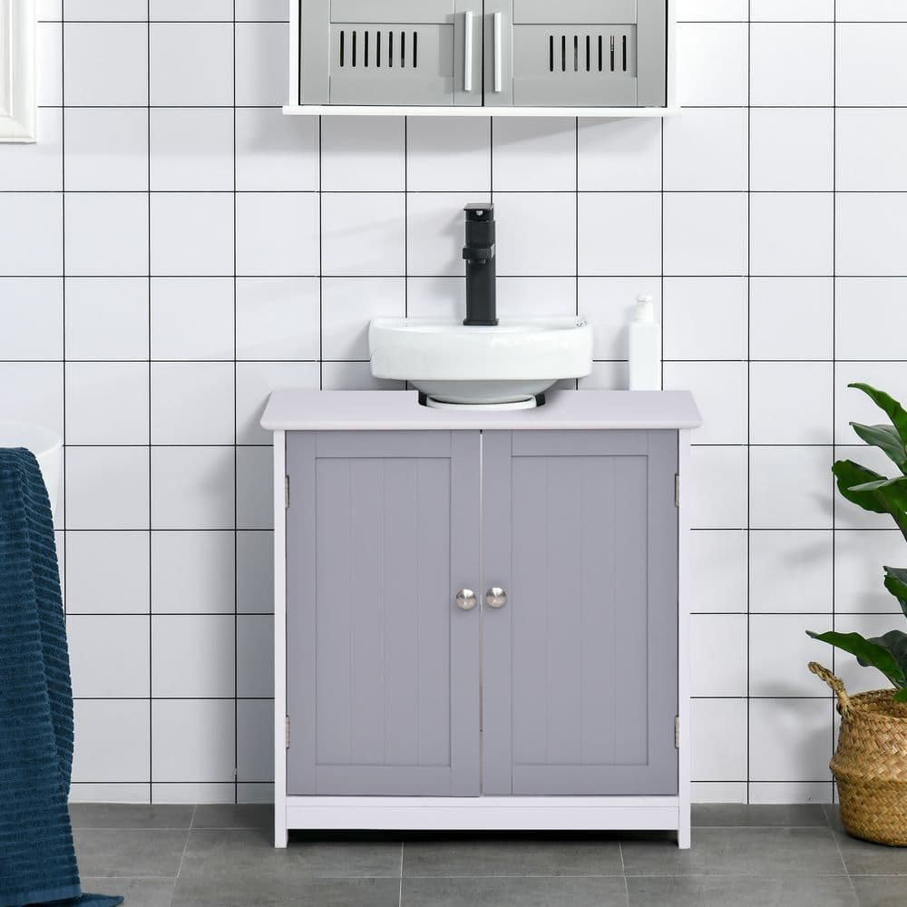 image-kleankin 60x60cm Under-Sink Storage Cabinet w/ Adjustable Shelf Grey White