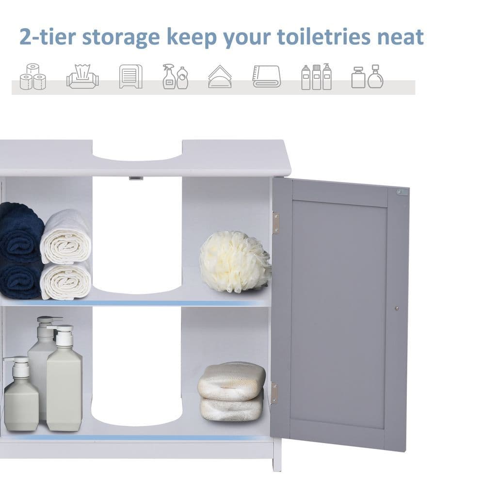 image-kleankin 60x60cm Under-Sink Storage Cabinet w/ Adjustable Shelf Grey White