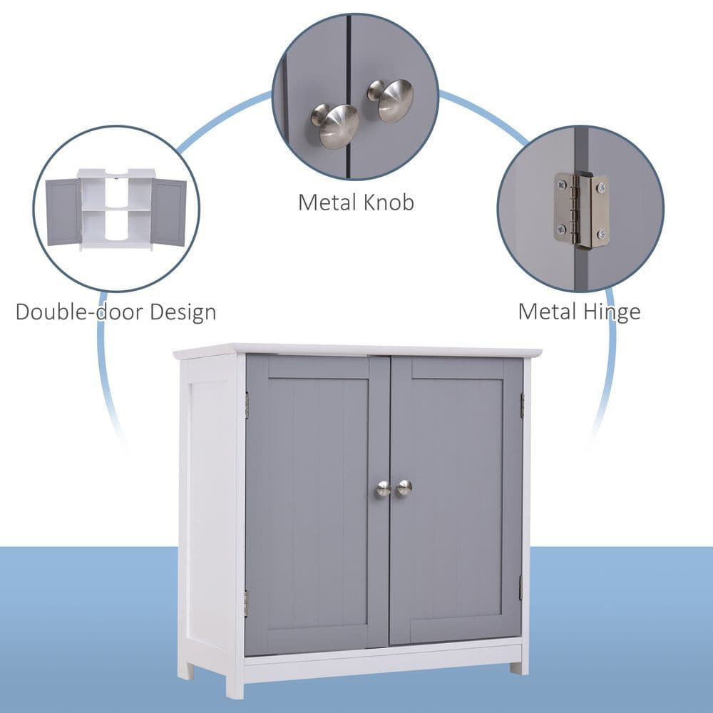 image-kleankin 60x60cm Under-Sink Storage Cabinet w/ Adjustable Shelf Grey White