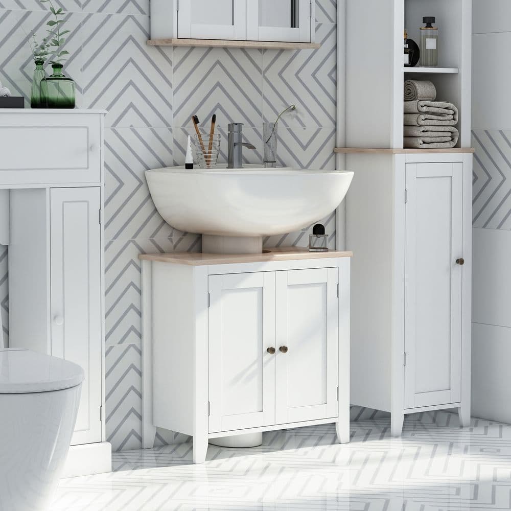 image-kleankin Bathroom Pedestal Under Sink Cabinet Floor Storage Shelf Double Door