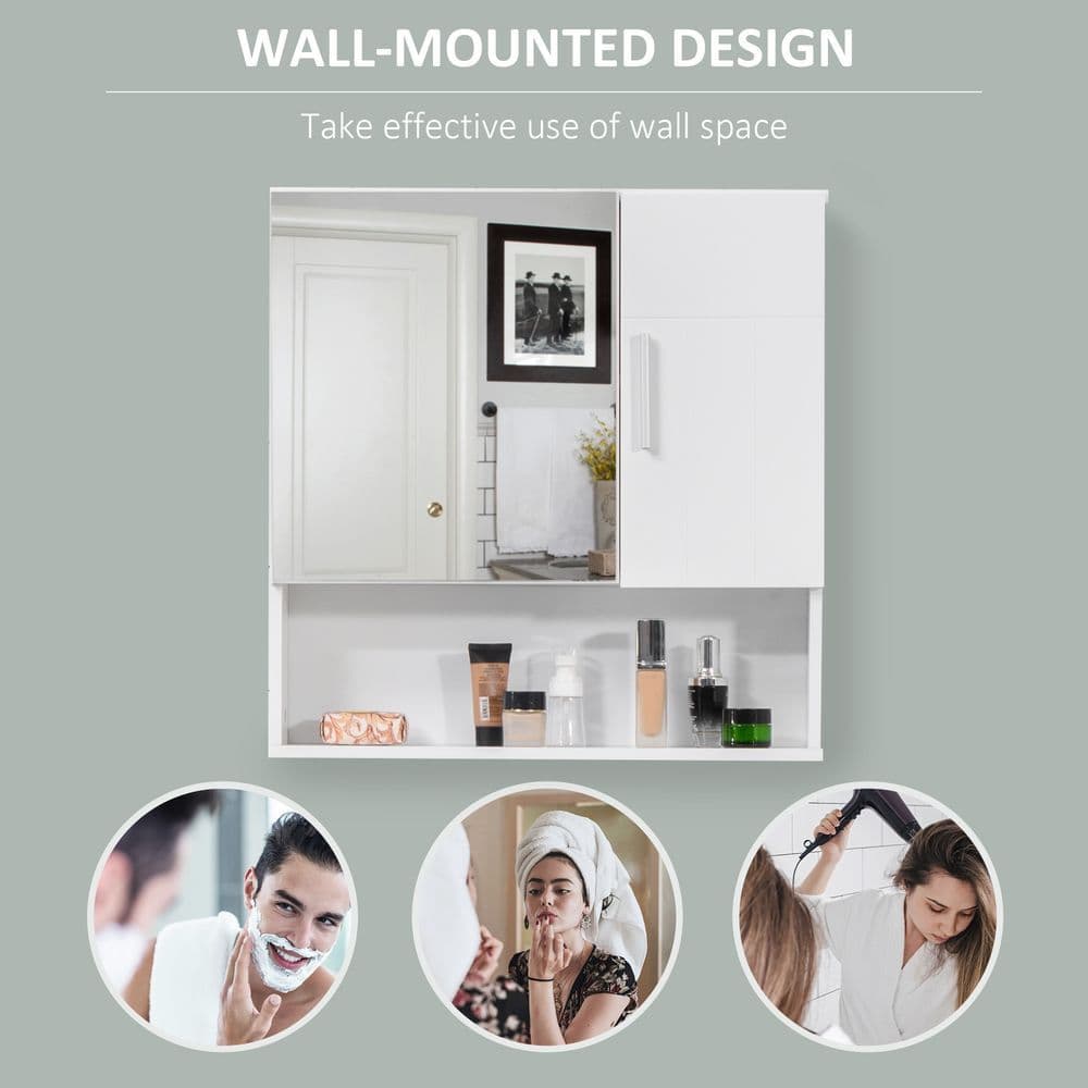 image-kleankin Bathroom Mirror Cabinet Wall Mount Storage Organizer w/ Door, White