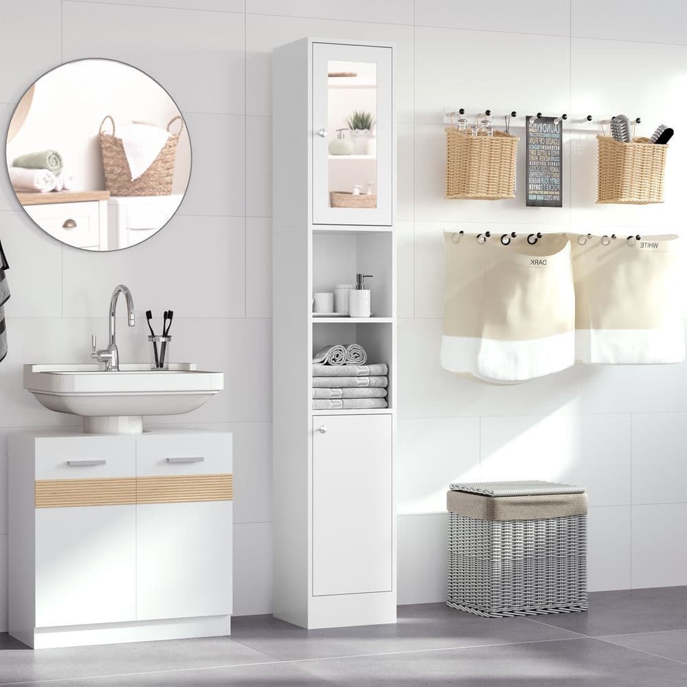 image-kleankin Bathroom Floor Storage Cabinet with Mirror and Shelves Tallboy Unit