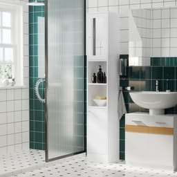 image-kleankin Bathroom Floor Storage Cabinet with Mirror and Shelves Tallboy Unit