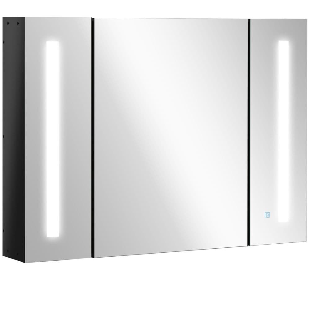 image-kleankin LED Bathroom Mirror Cabinet with Shelves Wall Mount High Gloss Black