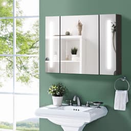 image-kleankin LED Bathroom Mirror Cabinet with Shelves Wall Mount High Gloss Black