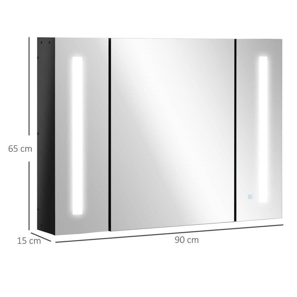 image-kleankin LED Bathroom Mirror Cabinet with Shelves Wall Mount High Gloss Black