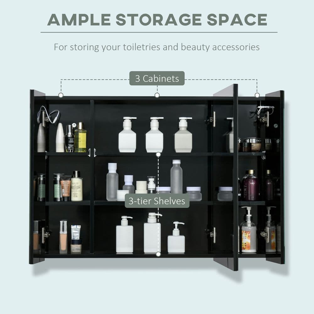 image-kleankin LED Bathroom Mirror Cabinet with Shelves Wall Mount High Gloss Black