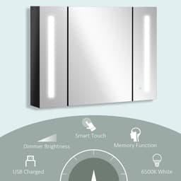 image-kleankin LED Bathroom Mirror Cabinet with Shelves Wall Mount High Gloss Black