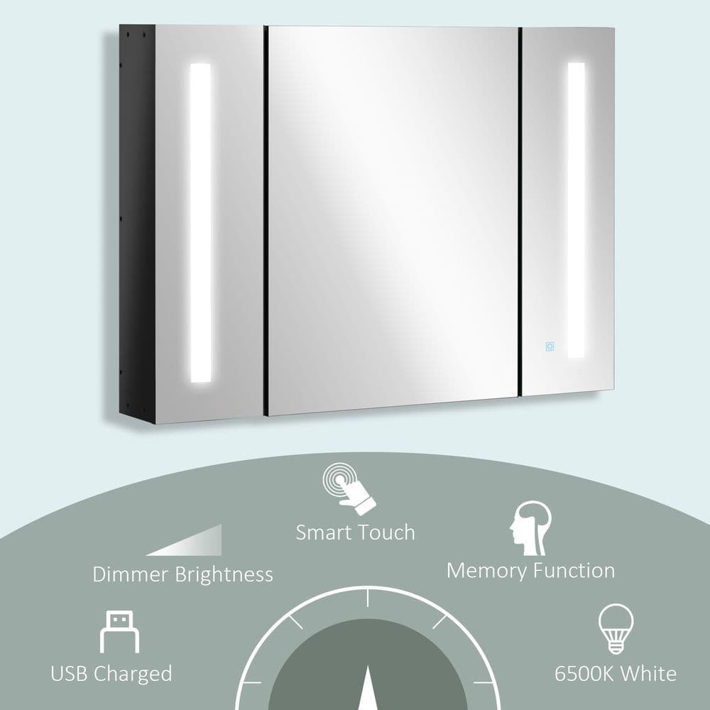 image-kleankin LED Bathroom Mirror Cabinet with Shelves Wall Mount High Gloss Black