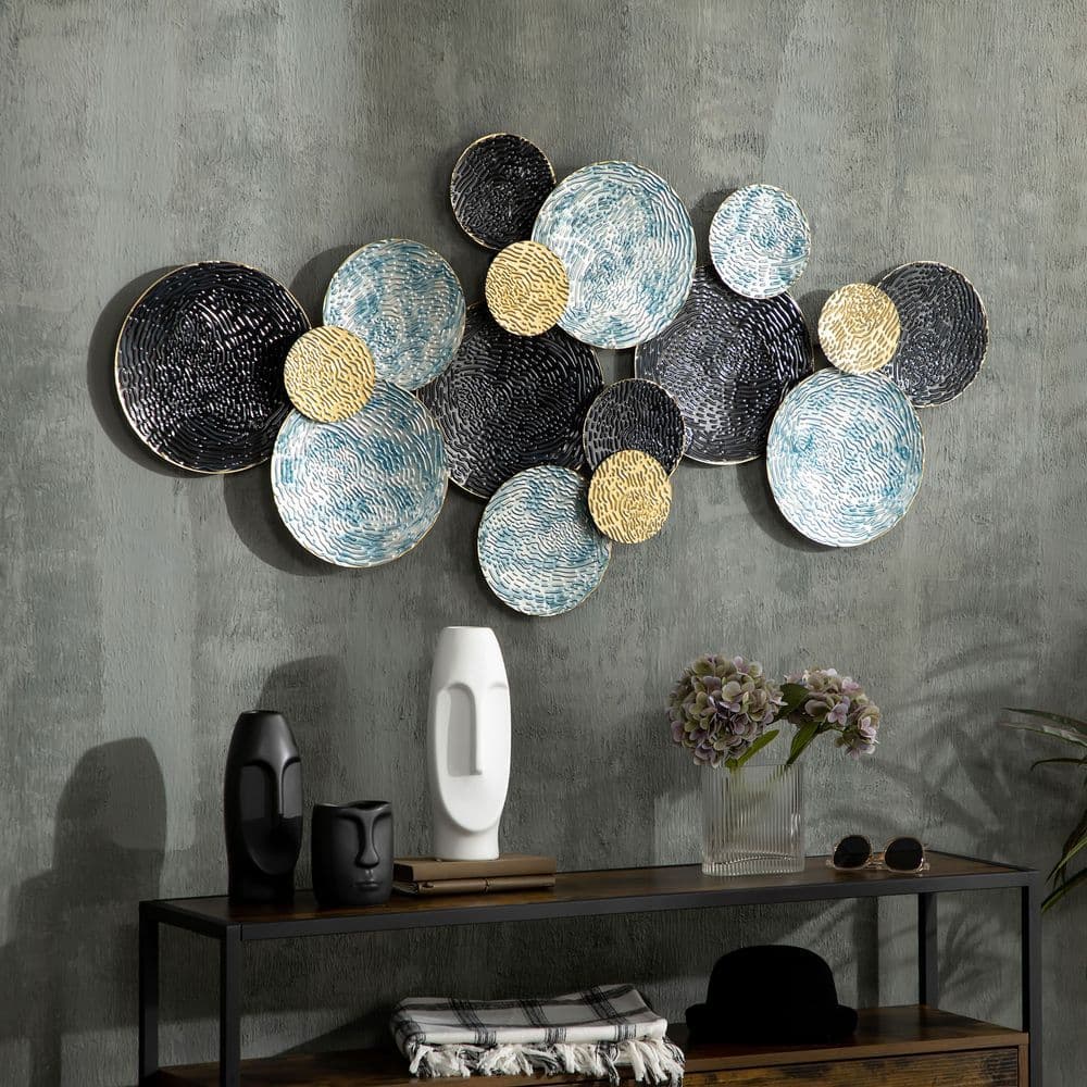 image-HOMCOM Minimalist Metal Wall Art Circle Home Hanging Wall Sculpture, Blue