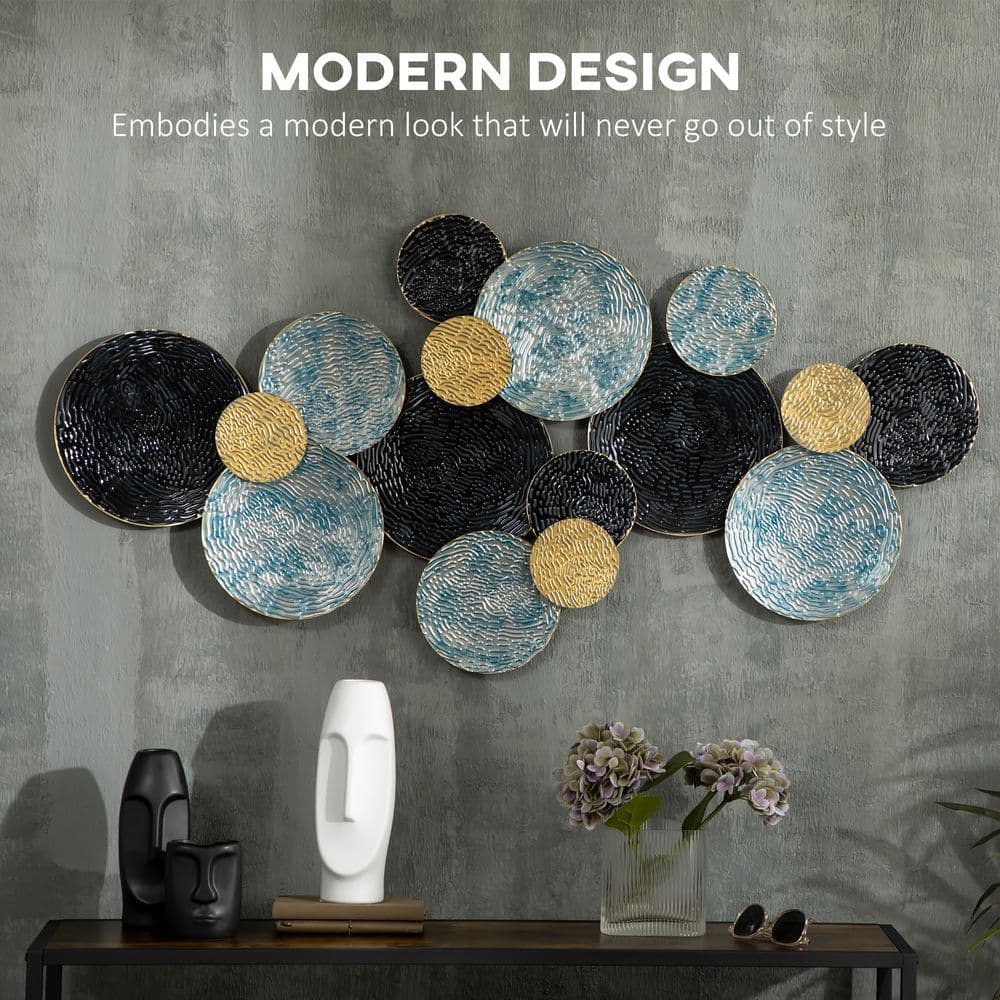 image-HOMCOM Minimalist Metal Wall Art Circle Home Hanging Wall Sculpture, Blue