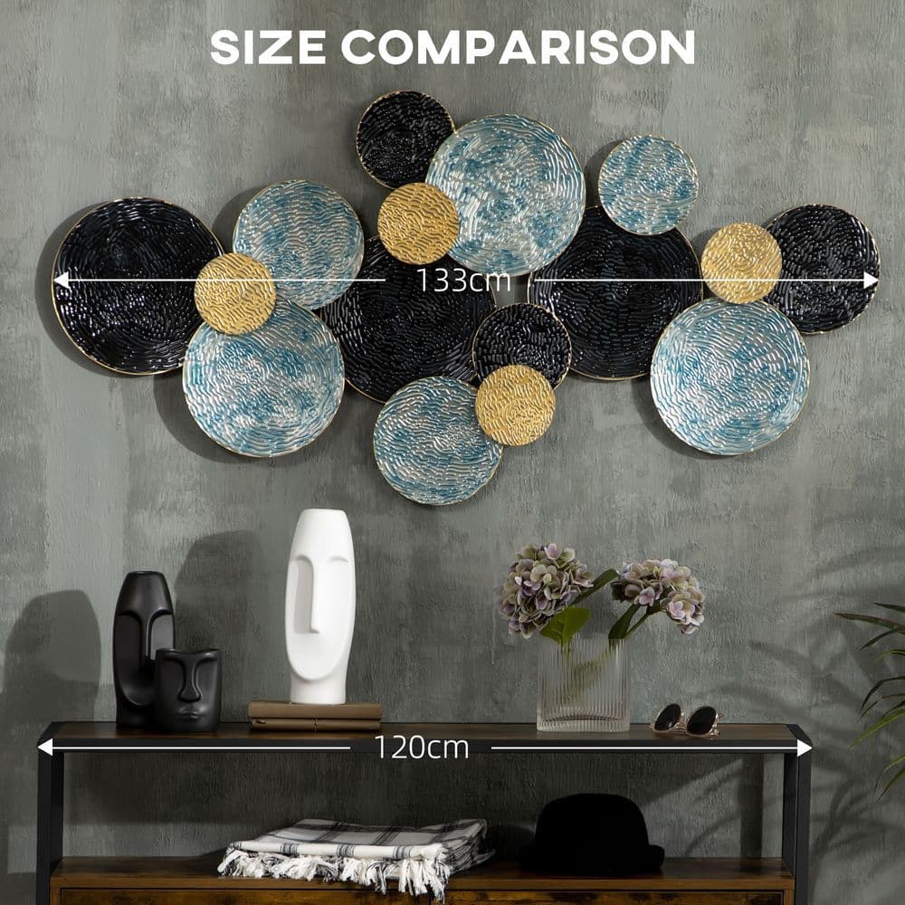 image-HOMCOM Minimalist Metal Wall Art Circle Home Hanging Wall Sculpture, Blue